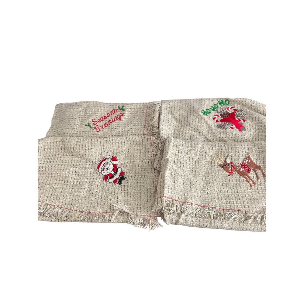 Set Of 4 Embroidered Christmas Themed Beige Woven Napkins Santa Reindeer 17x17